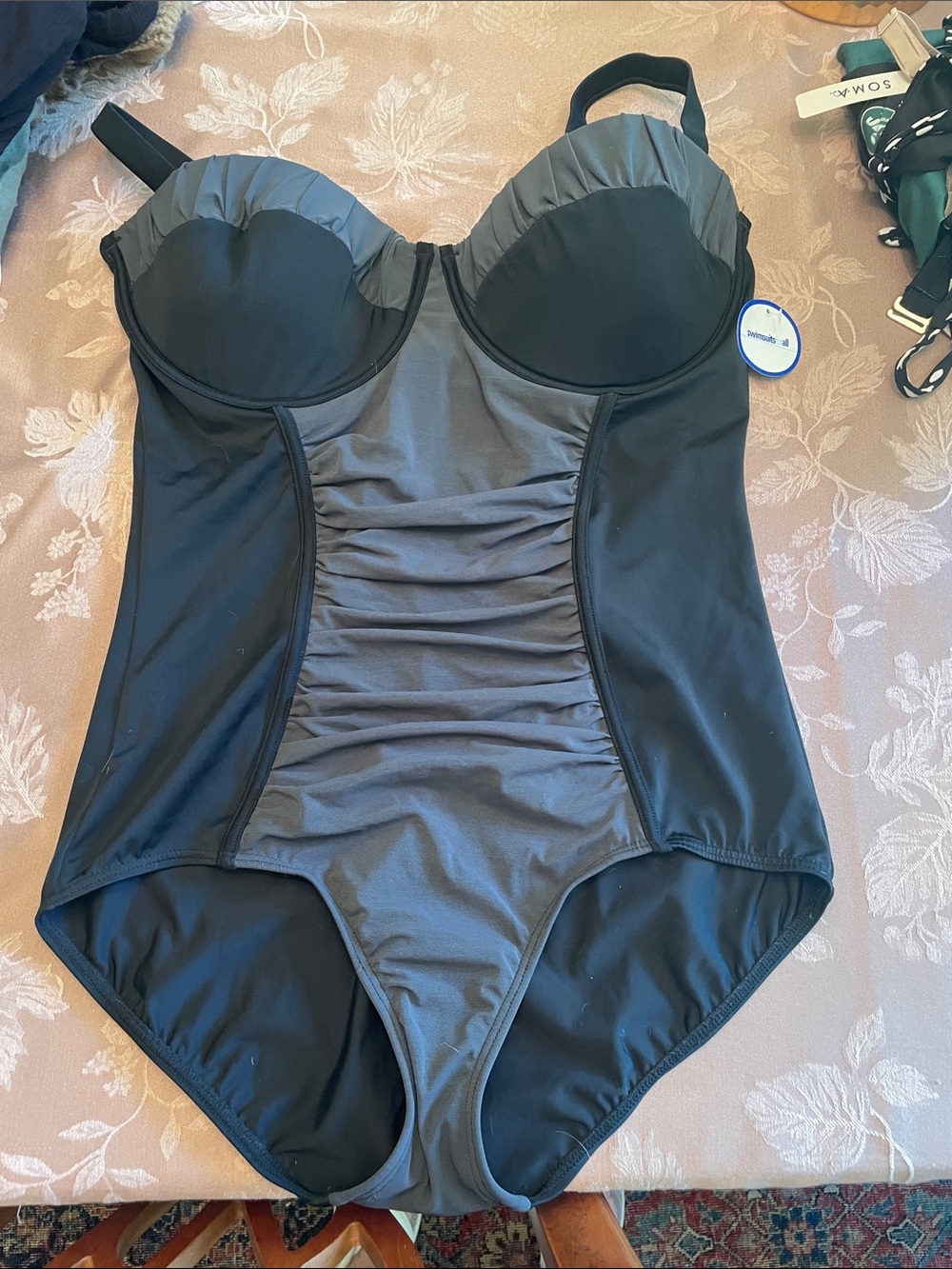 Swimsuits For All Black and Gray Ruched Underwire One-Piece Swimsuit